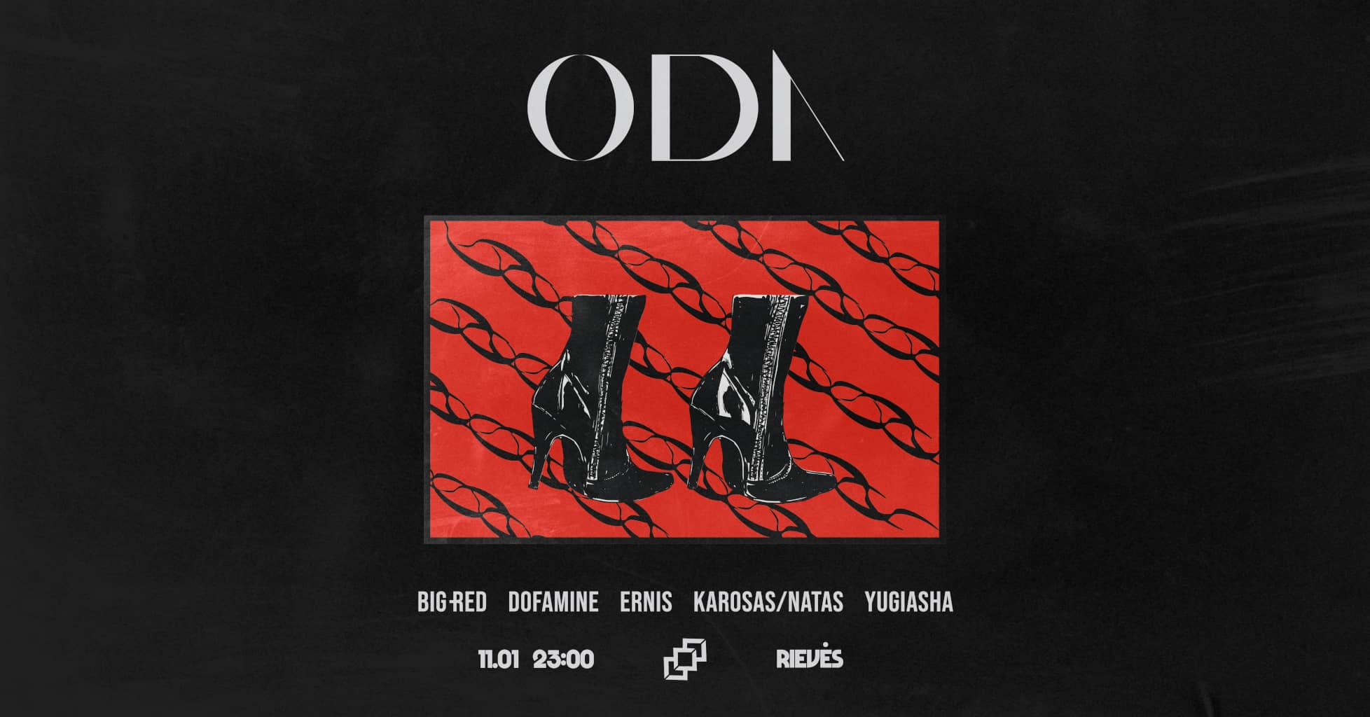 Event poster Photo of two leathery shoes on a red rectangle, the red rectangle is placed on top of a noisy, skin-like texture