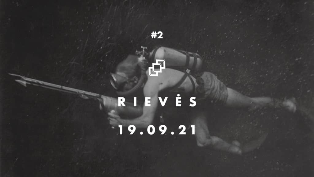 Event poster RIEVĖS event poster which shows a person swimming underwater with old-school scuba gear