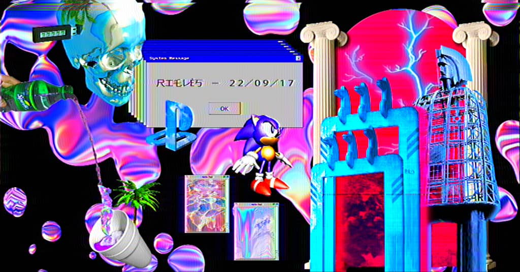 Event poster RIEVĖS event poster with a bunch of memes and old nostalgic elements - Sonic, Sprite drink, etc