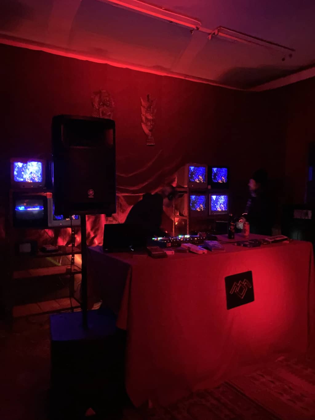 Dance Floor Dance floor, red lights, setting up the music gear